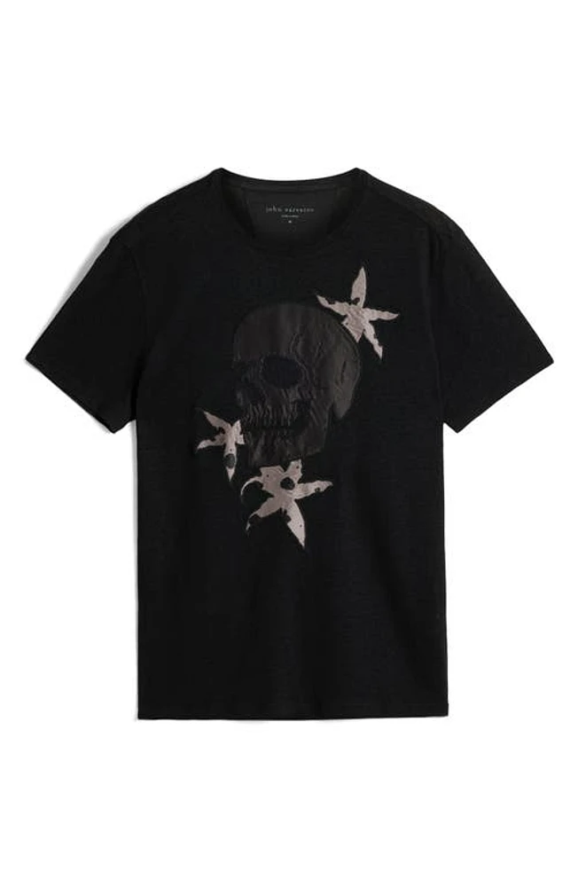 John Varvatos Embellished Skull Floral Linen & Modal Graphic Tee Black at Nordstrom,