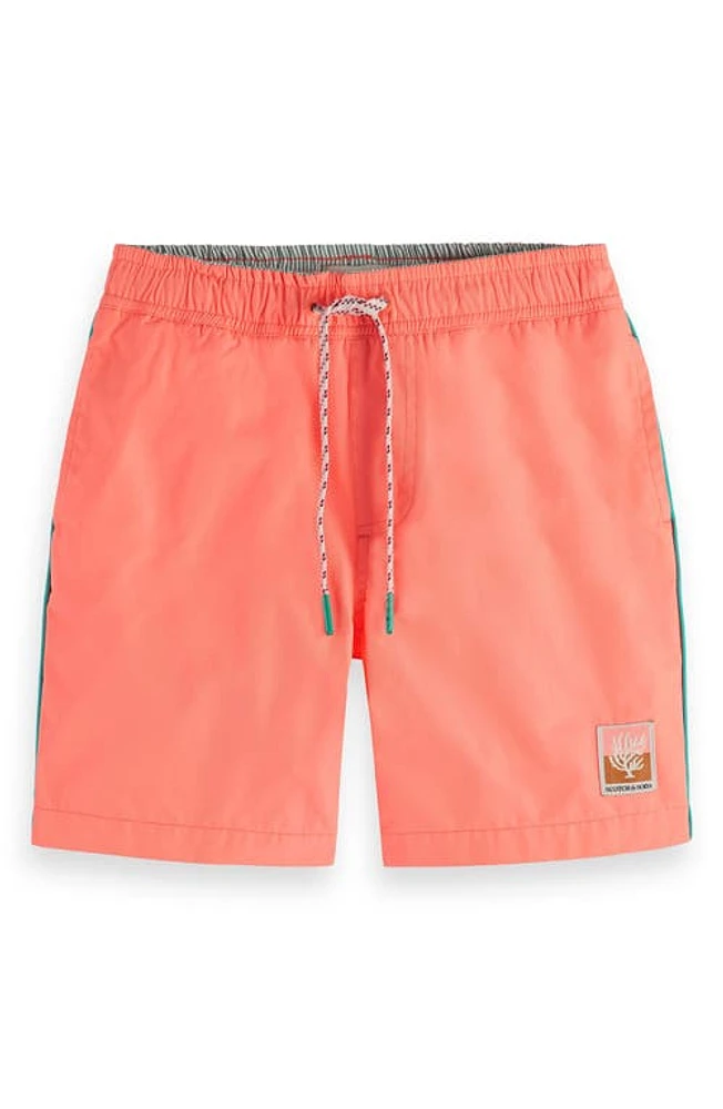 Scotch & Soda Kids' Surf Embroidered Swim Trunks 0557 Neon Coral at Nordstrom,