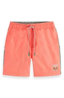 Scotch & Soda Kids' Surf Embroidered Swim Trunks 0557 Neon Coral at Nordstrom,