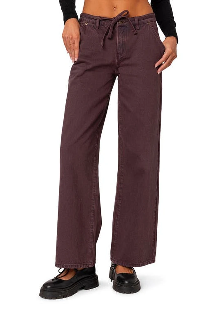 EDIKTED Fernanda Tie Belt Low Rise Wide Leg Jeans Burgundy at Nordstrom,