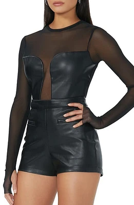 AFRM Sirena Mesh & Faux Leather Top in Noir at Nordstrom, Size Small