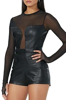 AFRM Sirena Mesh & Faux Leather Top in Noir at Nordstrom, Size Small