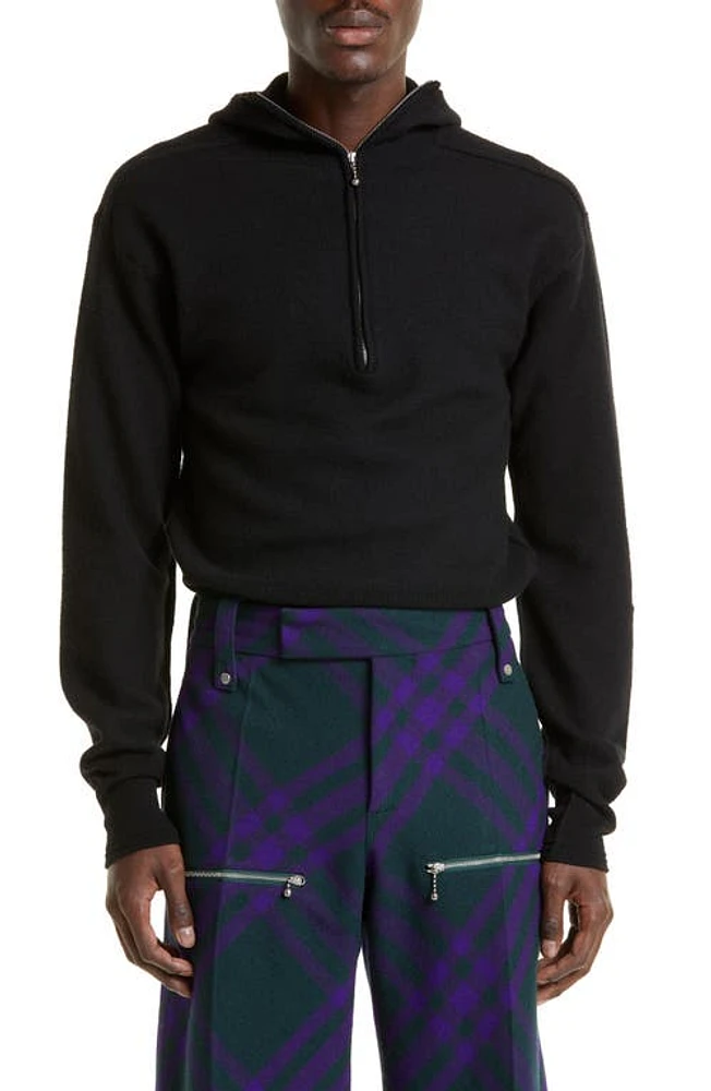 burberry Half Zip Brushed Wool Hoodie Black at Nordstrom,