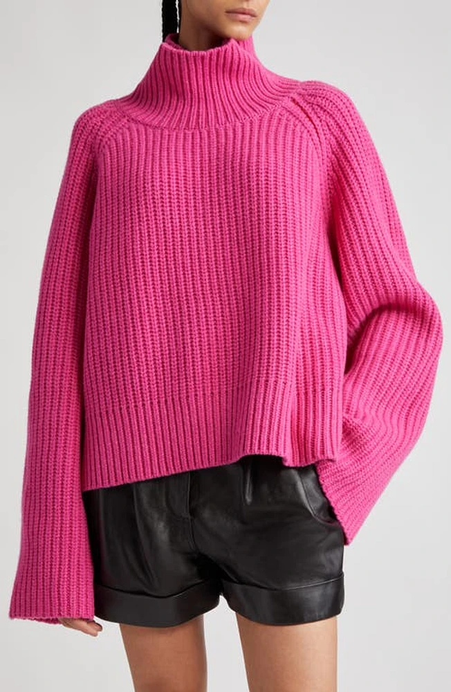 Stand Studio Funnel Neck Crop Wool Rib Sweater in Fuchsia/Bright Poppy at Nordstrom, Size Large