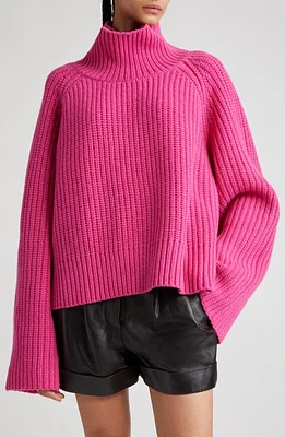 Stand Studio Funnel Neck Crop Wool Rib Sweater in Fuchsia/Bright Poppy at Nordstrom, Size Large