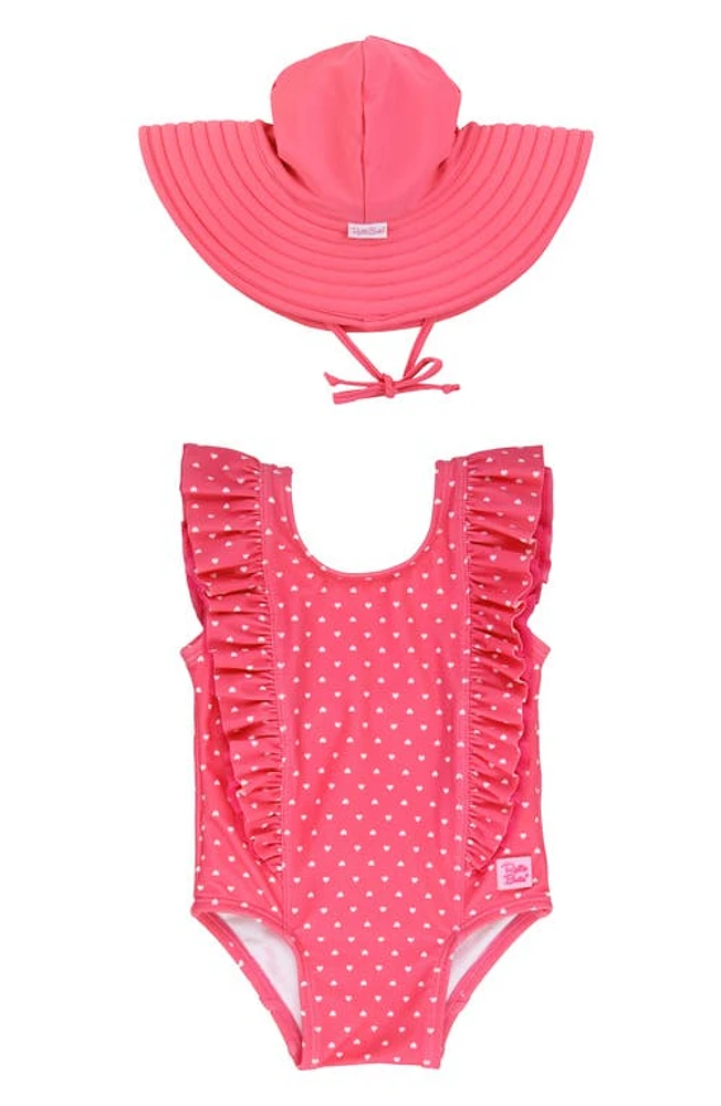 RuffleButts Ruffle Waterfall One-Piece Swimsuit & Hat Set Hot Pink at Nordstrom, M