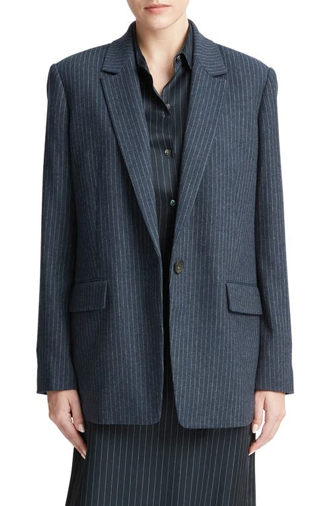 Vince Pinstripe Wool Blend Flannel Blazer in Dark Obsidian/Silver at Nordstrom, Size 6