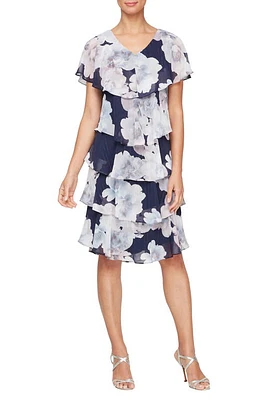 SL FASHIONS Floral Metallic Stripe Tiered Cocktail Dress Navy Multi at Nordstrom,