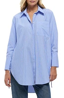 River Island Pinstripe Oversize Side Tie Button-Up Shirt Blue at Nordstrom,