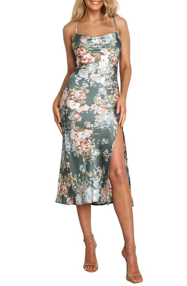 Petal & Pup Marea Floral Tie Back Satin Midi Dress Green at Nordstrom,