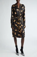 Dries Van Noten Crane Print Long Sleeve Silk Belted Shirtdress in Black 900 at Nordstrom, Size 8 Us