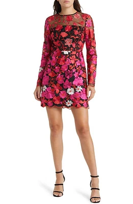 Milly Scottie Floral Mesh Overlay Long Sleeve Minidress Pink Multi at Nordstrom,