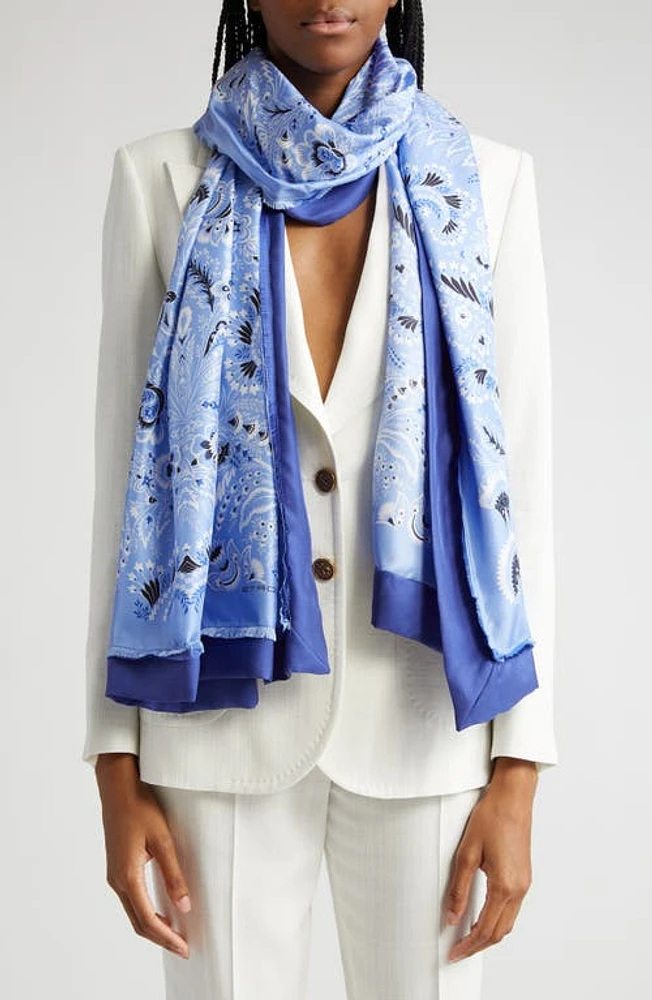 Etro Floral Silk Fringe Scarf in Print On Pale Blue Base at Nordstrom