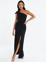 QUIZ One-Shoulder Bow Detail Maxi Dress Black at Nordstrom,