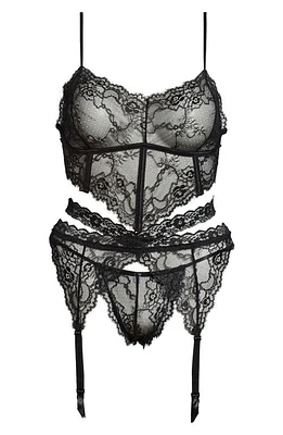 Coquette Lace Bra, Garter Belt & G-String Thong Set in Black at Nordstrom