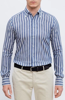 Emanuel Berg Stripe Cotton & Lyocell Button-Down Shirt Navy at Nordstrom,