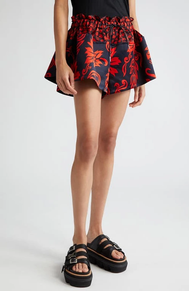 Sacai Mixed Floral Print Drawstring Shorts Red at Nordstrom,