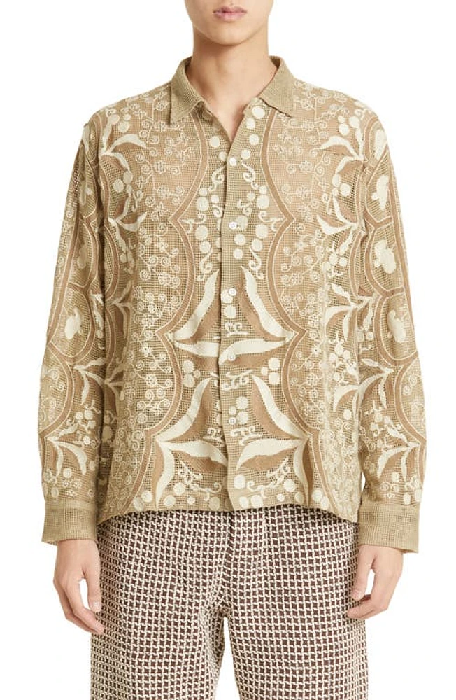 Bode Filet Filigree Embroidered Mesh Button-Up Shirt in Ecru Multi at Nordstrom, Size Small