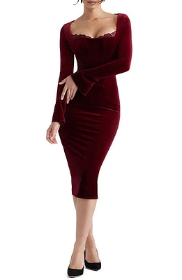 HOUSE OF CB Solaine Lace Trim Long Sleeve Velvet Midi Dress in Wine at Nordstrom, Size X-Small