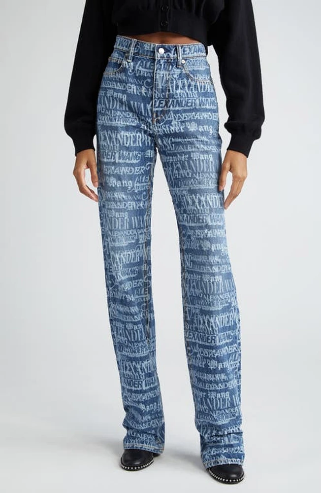 Alexander Wang EZ Newsprint Logo Distressed Relaxed Straight Leg Jeans Vintage Medium Indigo at Nordstrom,