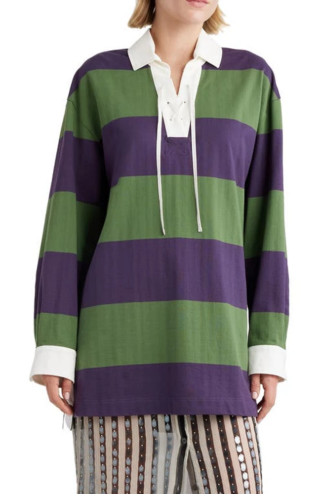 Dries Van Noten Block Stripe Lace-Up Cotton & Linen Blend Rugby Shirt at Nordstrom,