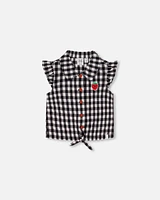 Deux Par Deux Little Girl's Blouse With Knot Little Vichy Black And White at Nordstrom, Size 5