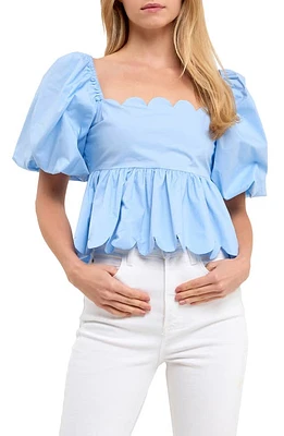 English Factory Scallop Detail Puff Sleeve Top in Powder Blue at Nordstrom, Size Medium