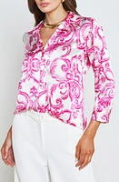 L'AGENCE Dani Silk Button-Up Shirt White/Pink Mediterranean Tile at Nordstrom,