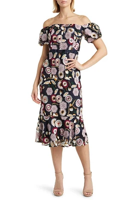 Sam Edelman Helium Floral Embroidered Off the Shoulder Dress Navy/Blush Multi at Nordstrom,