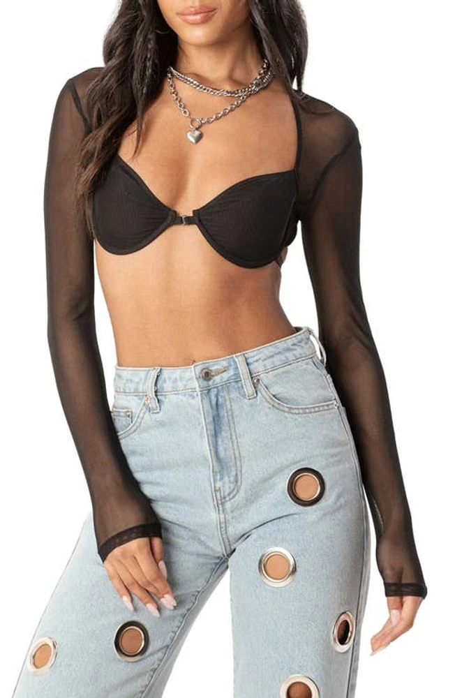 EDIKTED Lin Mesh Long Sleeve Bra Top Black at Nordstrom,