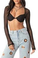 EDIKTED Lin Mesh Long Sleeve Bra Top Black at Nordstrom,