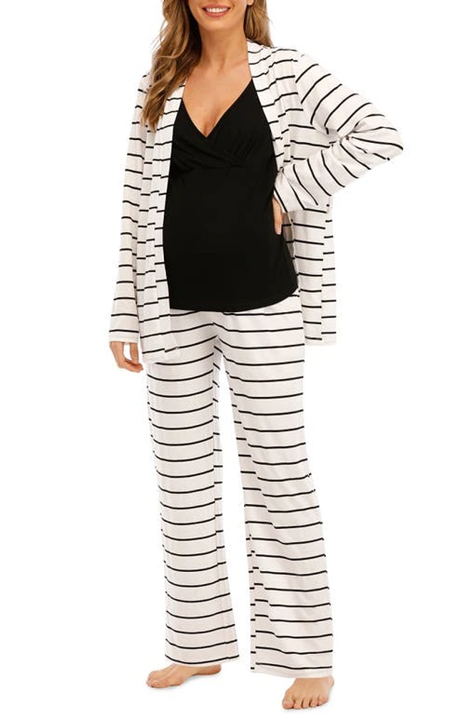 Savi Mom Riviera Tank, Pants & Robe Maternity Set Black/White Stripes at Nordstrom,