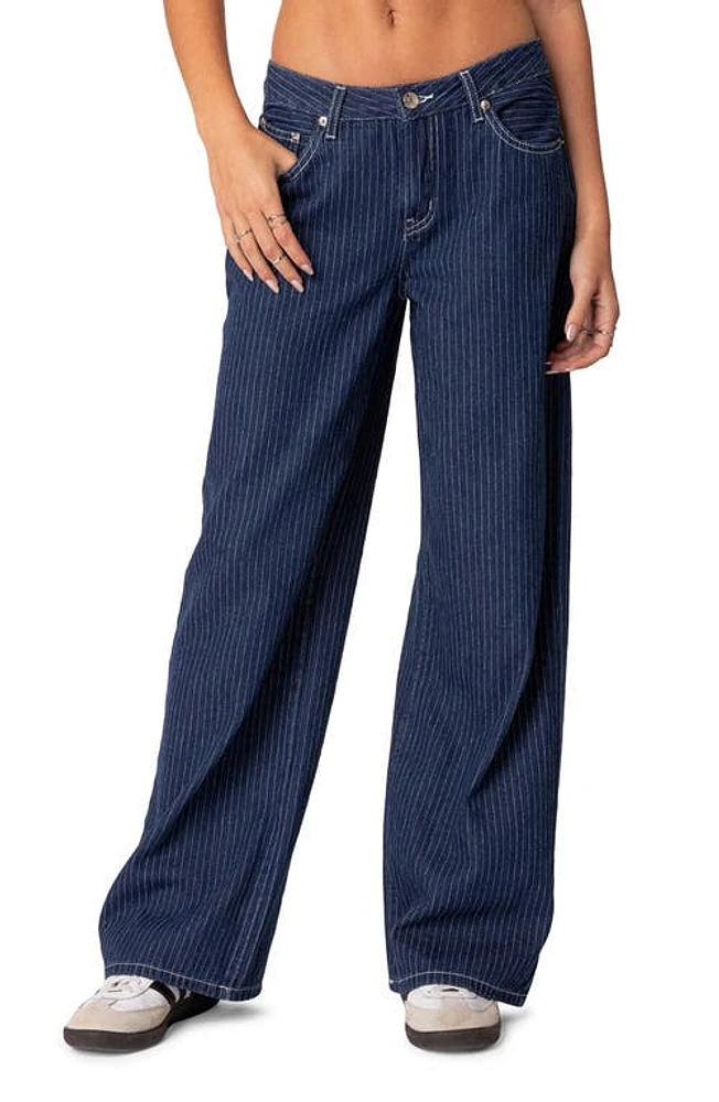 EDIKTED Pinstripe Wide Leg Low Rise Jeans Navy at Nordstrom,