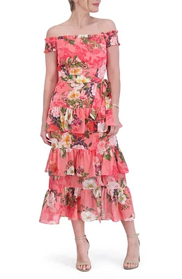 Eliza J Floral Off the Shoulder Tiered Midi Dress Coral at Nordstrom,