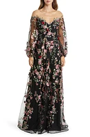 Marchesa Notte Floral Embroidery Long Sleeve Gown Black Combo at Nordstrom,