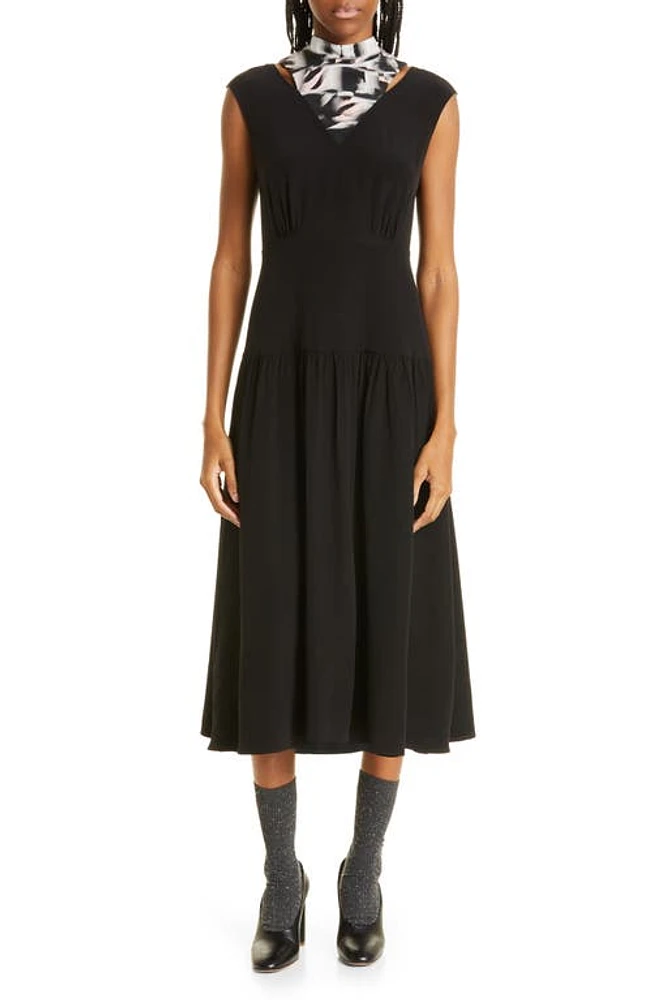 JASON WU Cap Sleeve Midi Fit & Flare Dress with Silk Neck Tie Black/Pink at Nordstrom,