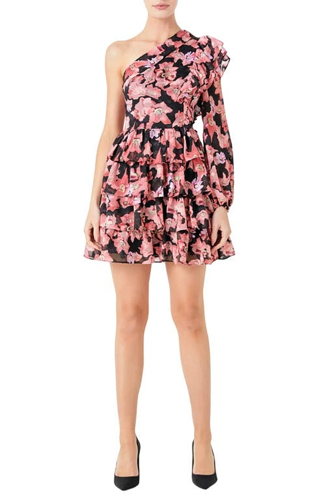 Endless Rose Floral One-Shoulder Single Long Sleeve Chiffon Minidress Black/Pink at Nordstrom,