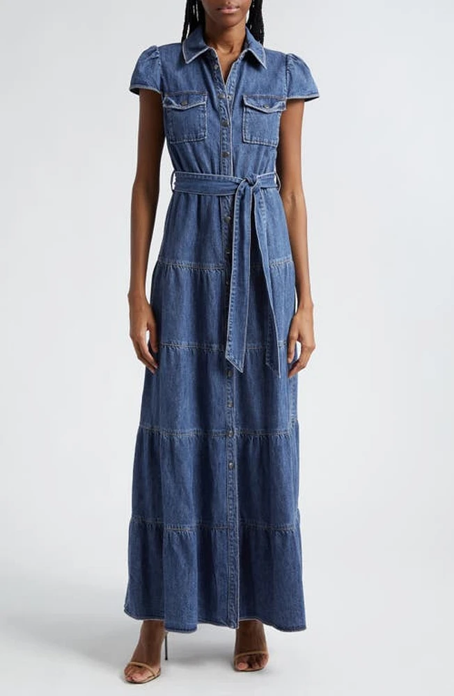 Alice + Olivia Miranda Tie Belt Denim Maxi Shirtdress in Lola Blue at Nordstrom, Size 10