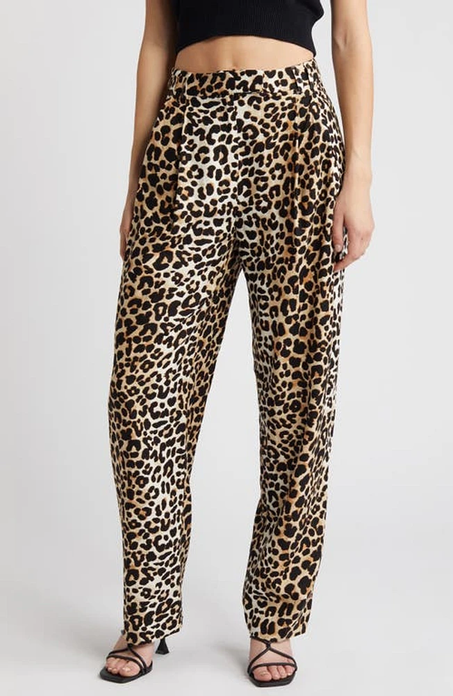 Topshop Animal Print Pleat Front Linen Blend Pants Black Multi at Nordstrom, Us