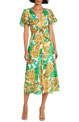 Maggy London Front Tie Short Sleeve Cotton Midi Dress Soft White/Golden Olive at Nordstrom,