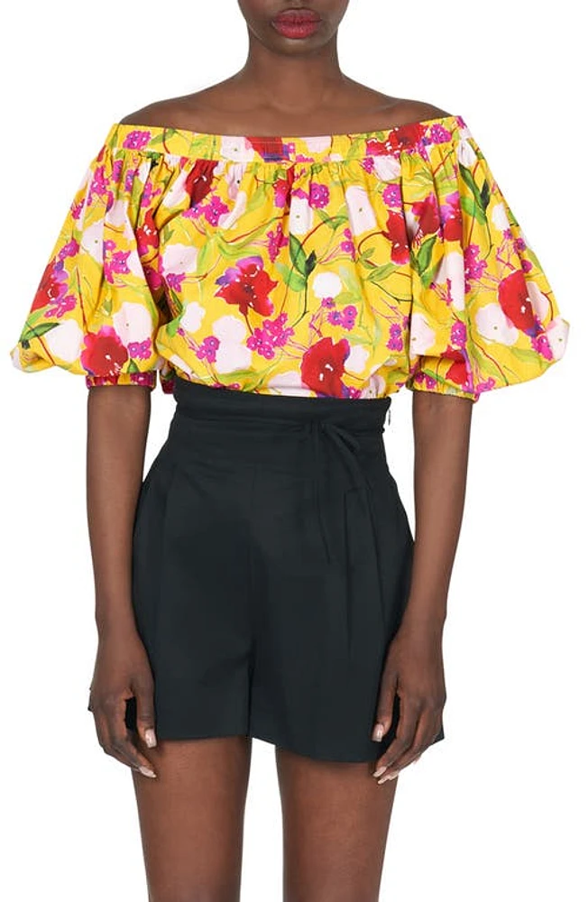 Carolina Herrera Floral Off the Shoulder Cotton Top in Taxi Cab Multi at Nordstrom, Size 0