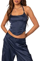 EDIKTED Kelsey Lace-Up Back Satin Halter Neck Corset Navy at Nordstrom,