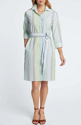 Foxcroft Rocca Stripe Belted Three-Quarter Sleeve Shirtdress Blue Multi at Nordstrom,