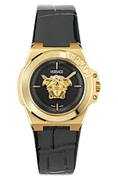 Versace Hera Leather Strap Watch, 37mm in Ip Yellow Gold at Nordstrom