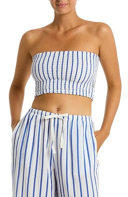 Sea Level Amalfi Beach Bandeau Cotton Cover-Up Crop Top Blue at Nordstrom,