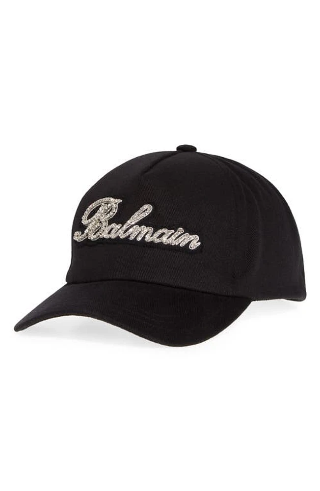 Balmain Logo Appliqué Cotton Twill Baseball Cap in Black/Crystal at Nordstrom, Size 2-3