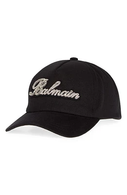 Balmain Logo Appliqué Cotton Twill Baseball Cap in Black/Crystal at Nordstrom, Size 2-3