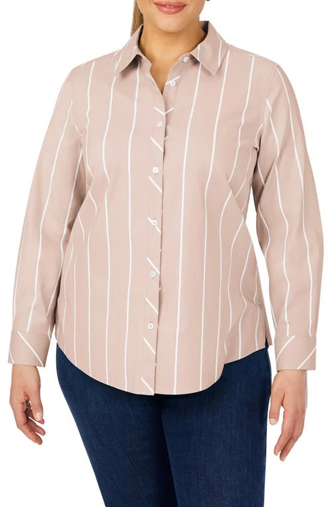 Foxcroft Ava Simply Stripe Long Sleeve Button-Up Shirt Birch Wood at Nordstrom,