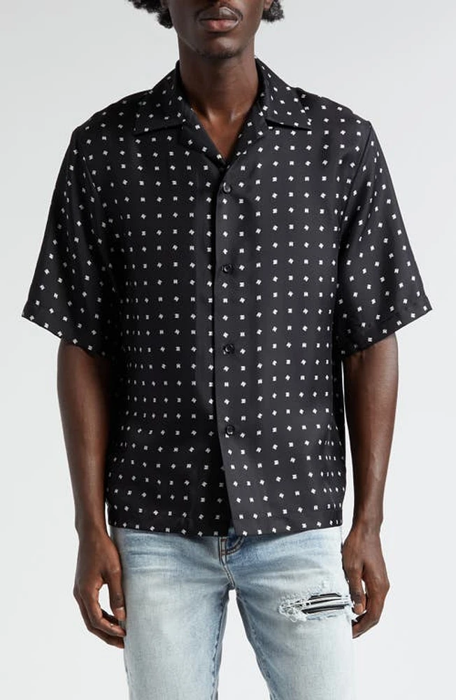 AMIRI Mix & Match Monogram Logo Print Silk Camp Shirt Black at Nordstrom,