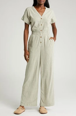 Marine Layer Stripe Wide Leg Jumpsuit in Olive Stripe at Nordstrom, Size Large